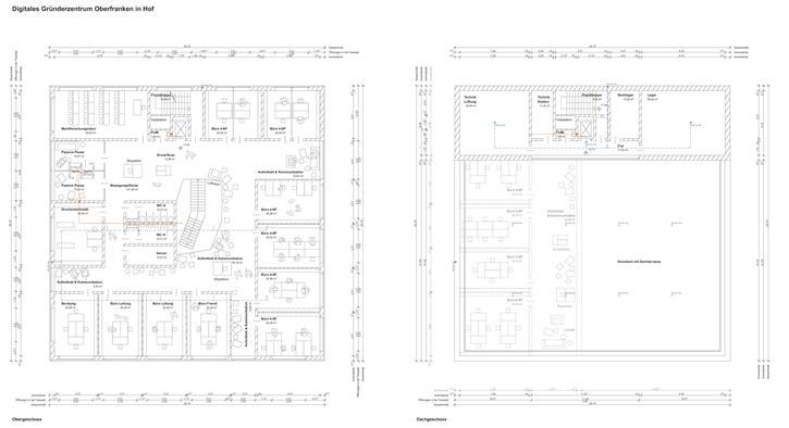 Planungsskizzen Obergeschoss und Dachgeschoss Digitales Gründerzentrum Hof