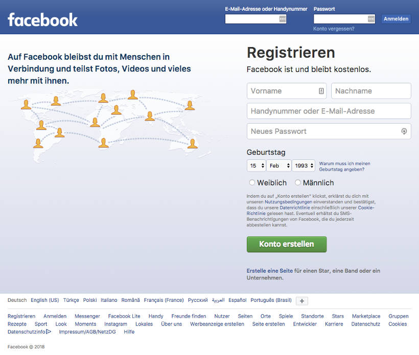 Facebook Startseite Registrierung