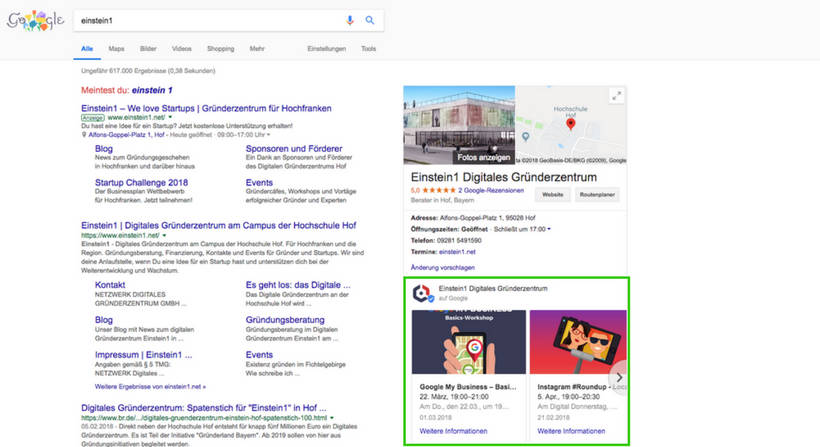 Google My Business Beiträge in den Google SERPs