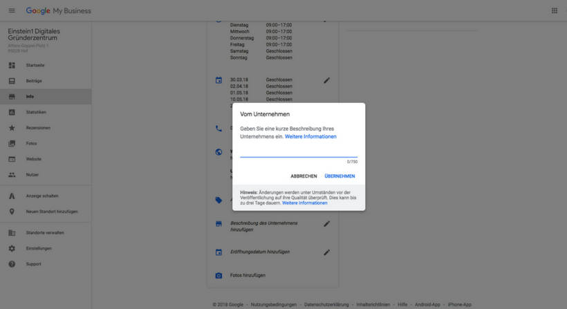 Google My Business Unternehmensbeschreibung