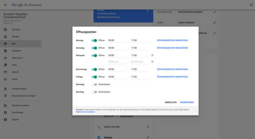 Google My Business Öffnungszeiten ändern