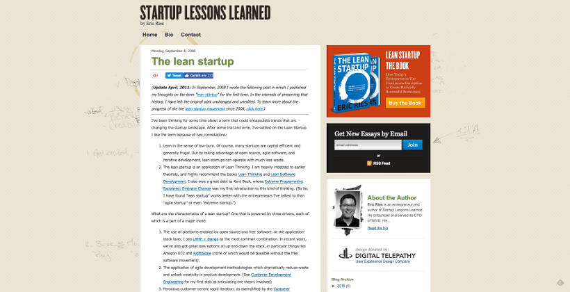 Erster Blog-Post von Eric Ries zu "The lean startup" am 08. September 2008 auf seinem Blog "Startup Lessons Learned"