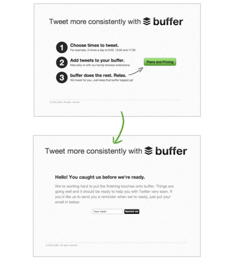 Buffer Landing Page MVP Beispiel mit E-Mail Lead Capture