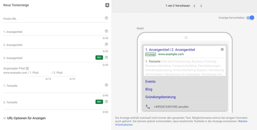 Neue Optionen für Google Ads Textanzeigen