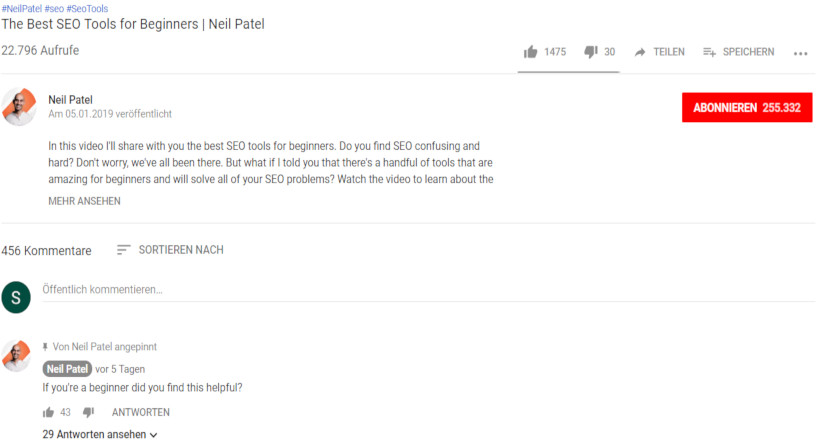 YouTube Screenshot Neil Patel SEO Videos