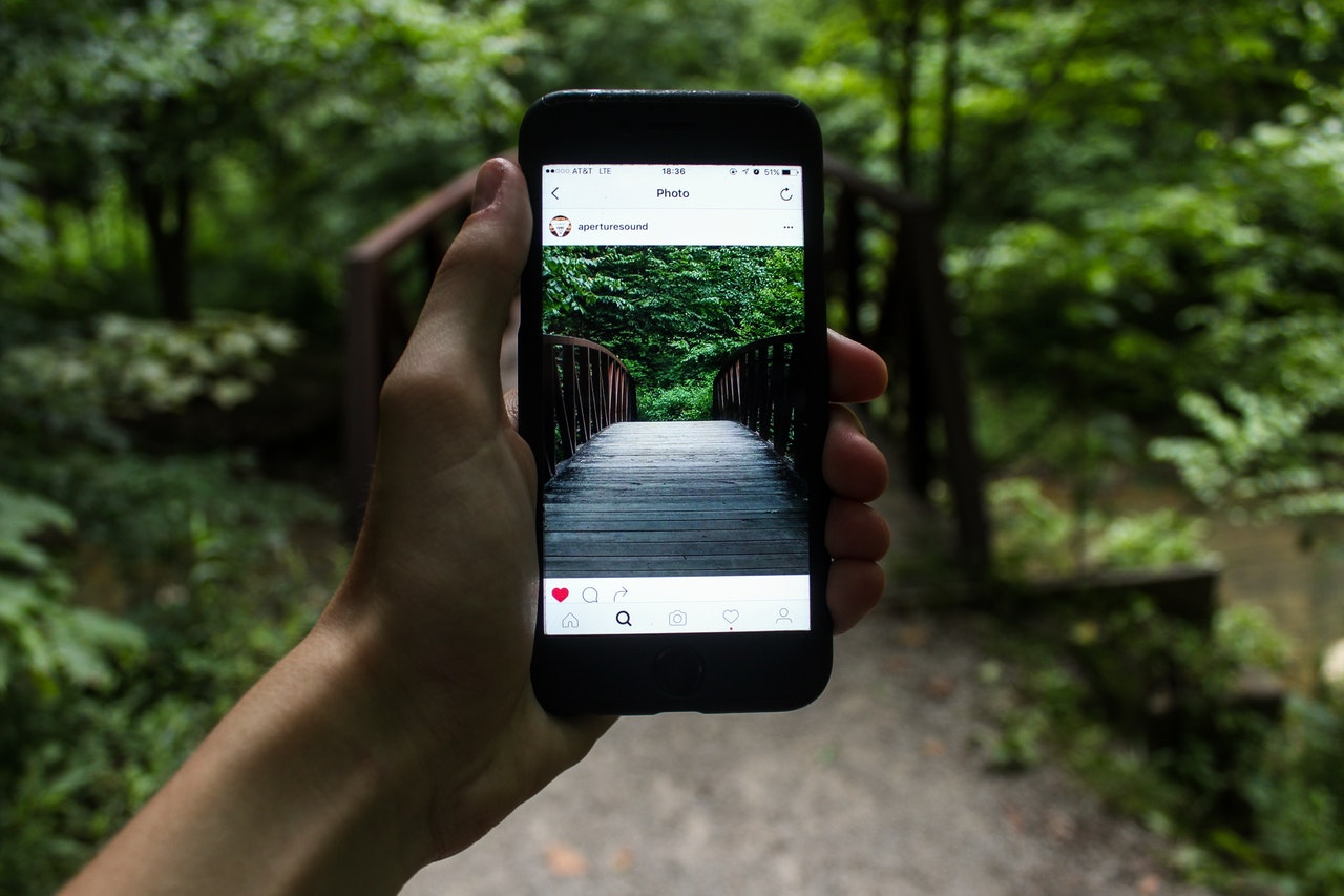 Person mit Smartphone im Wald