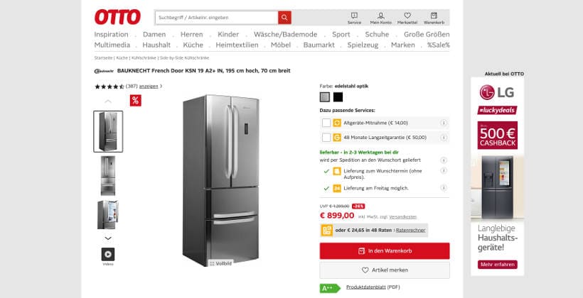 Screenshot eines Kühlschranks auf otto.de