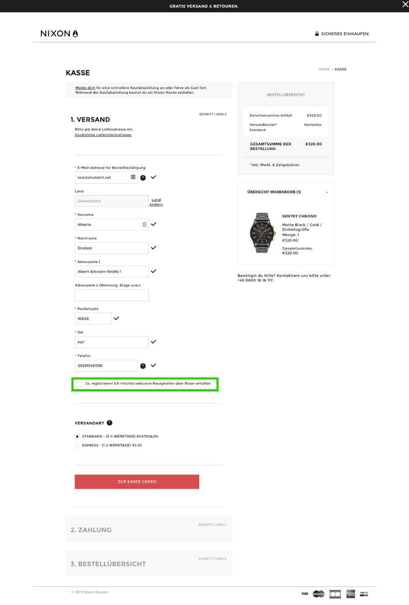 Newsletter Opt-In im Checkout-Prozess bei nixon.com