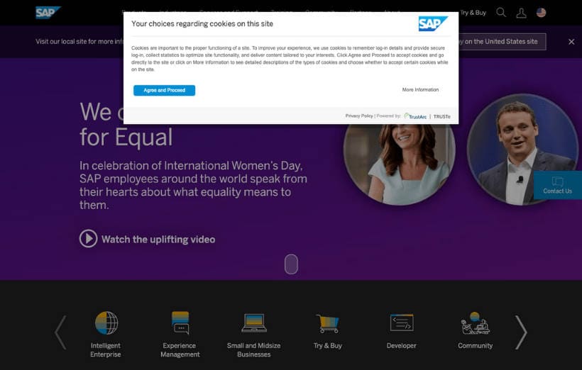 Screenshot SAP Website Cokkie Consent Management